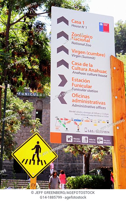Chile, Santiago, Cerro San Cristobal, Parque Metropolitano, urban park, Estacion Funicular, inclined plane, cliff railway, directions, sign, Spanish