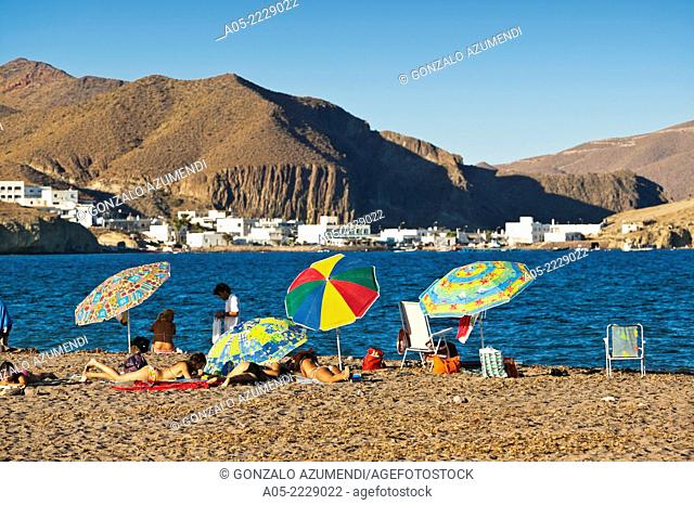 Arco beach and Isleta del Moro village in background, Cabo de Gata - Nijar Natural Park, Almeria province, Andalucia, Spain