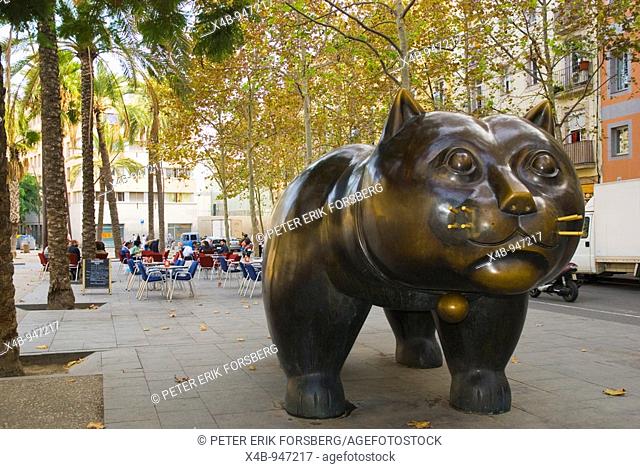 Giant cat by Botero along Rambla del Raval in El Raval district of Barcelona Spain Europe