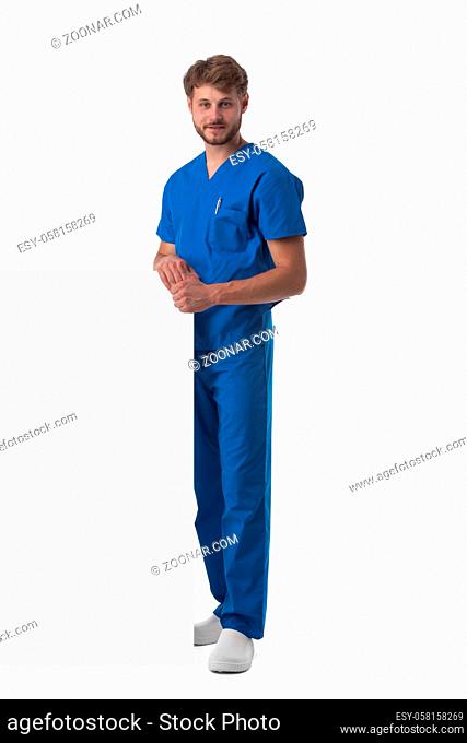 Full length portrait of a handsome caucasian male doctor nurse with blank banner isolated on white background