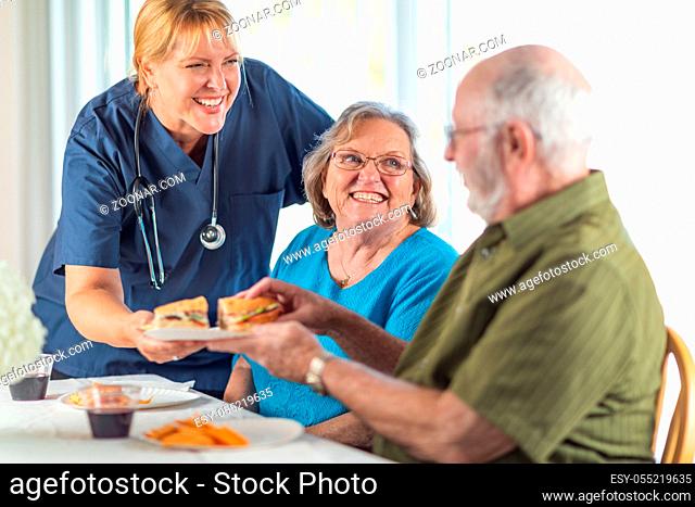 Female Doctor or Nurse Serving Senior Adult Couple Sandwiches at Table