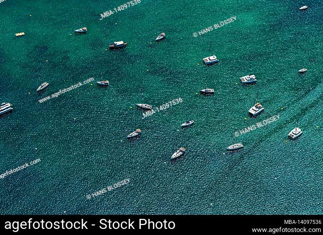aerial view, sailing boats and yachts in the port of portocolom, felanitx, balearic islands, mallorca, spain