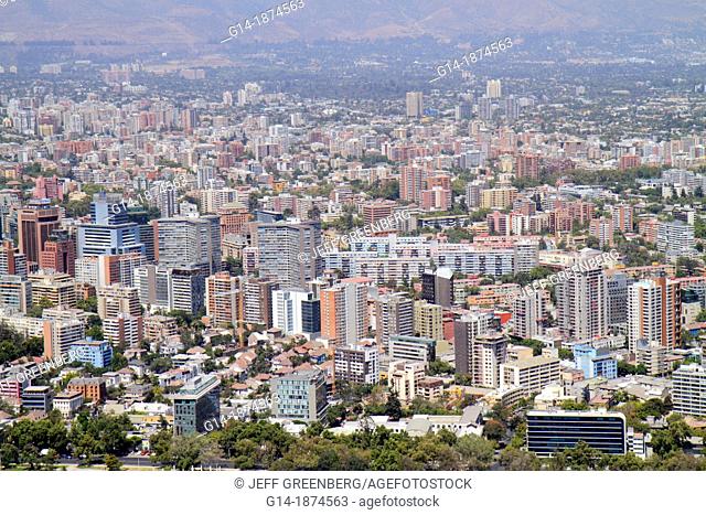 Chile, Santiago, Cerro San Cristobal, Terraza Bellavista, view from, Providencia, scenic overlook, city skyline, building, high-rise, distance, street grid