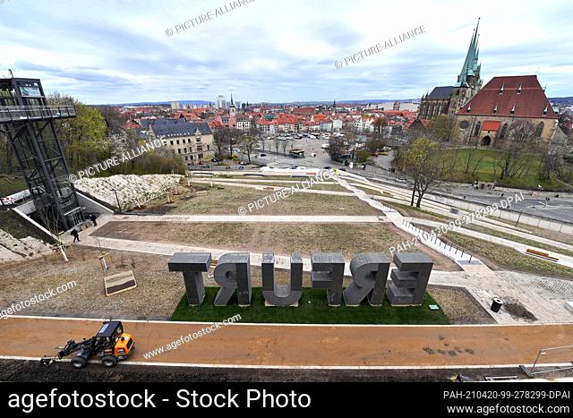 16 April 2021, Thuringia, Erfurt: A view of the city from the grounds of the Federal Horticultural Show (BUGA) on the Petersberg