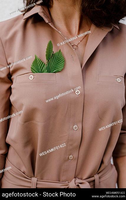 Businesswoman wearing brown overalls with leaves in pocket