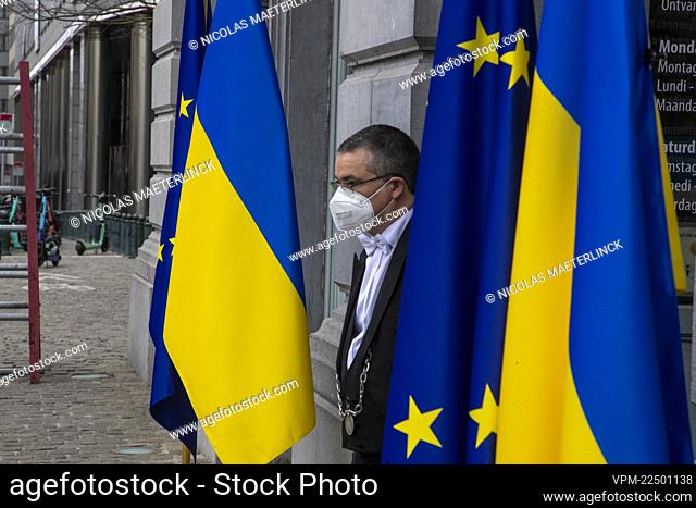 Illustration picture shows European and Ukrainian flag pictured during the inauguration of the Center for Ukrainian Civil Society, near the European Parliament
