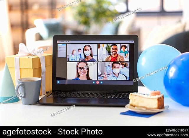 laptop with video call or online birthday party
