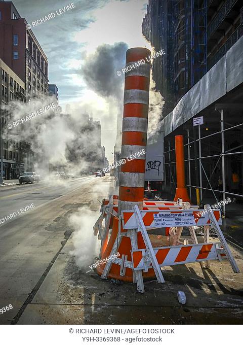 Con Edison venting excess steam in the Chelsea neighborhood of New York on a cold winter Sunday, March 3, 2019. (© Richard B. Levine)