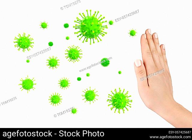 Hand defending some virus and bacteria, 3D rendering
