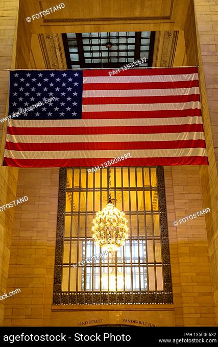 New York, USA October 2019: Impressions New York - October - 2019 Grand Central Terminal, train station, flag, New York, Stars and Strips, national flag