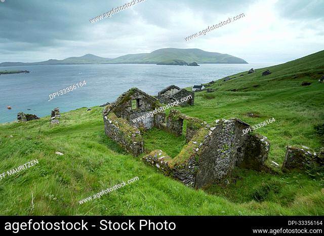 Stone ruins of the deserted village on Great Blasket Island (famous for 19th and 20th Century Irish Language Memoirs); Blasket Islands, County Kerry, Ireland