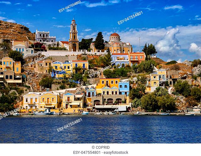 Church and houses of the Symi Island. Dodecanese. Greece