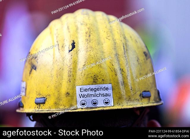 24 November 2023, Baden-Württemberg, Kehl: A sticker with the inscription ""Egg-laying wool-milk sow"" is stuck to the helmet of an employee at an industrial...