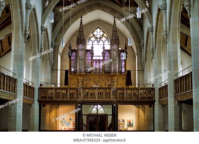 High romantic organ , built by Wilhelm Blessing in 1866, Evangelical collegiate church, Dettingen, Erms, Baden-Wuerttemberg, Germany