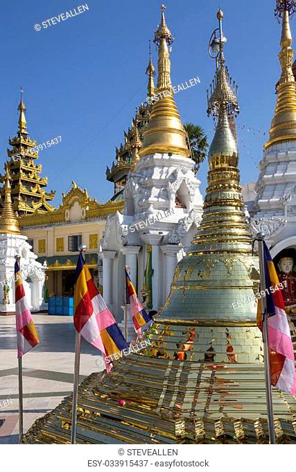 The Shwedagon Pagoda complex, officially titled Shwedagon Zedi Daw. In the city of Yangon in Myanmar (Burma)