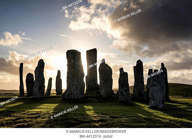 Callanish Standing Stones, 3000 year old stone circle, Backlit, Isle of Lewis, Outer Hebrides, Scotland, United Kingdom