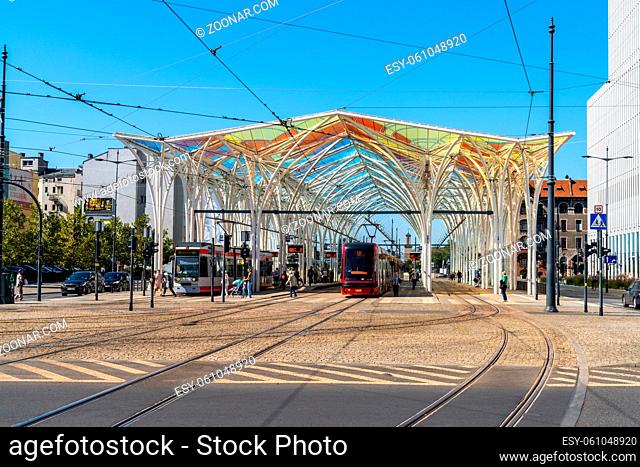 Lodz, Poland - September 9, 2021: view of the modern main tram station in downtown Lodz