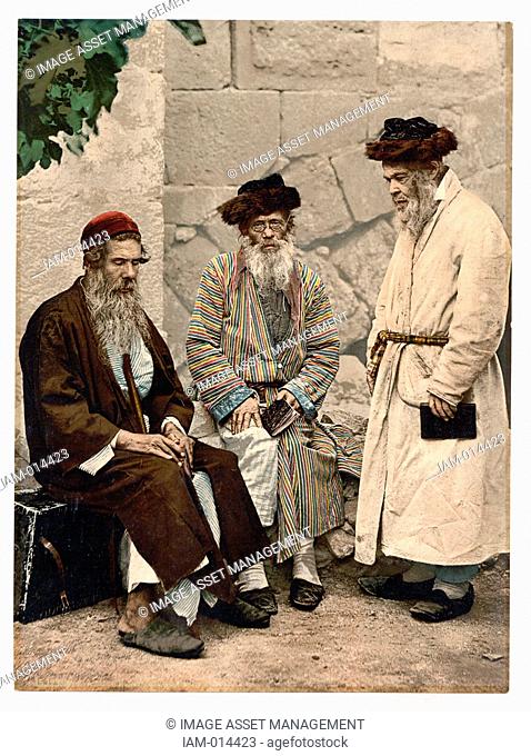 Three elderly Jewish men in Jerusalem, c1890-1900 Palestine. At this date Jerusalem was part of the Ottoman Empire. Religion Race Photochrome