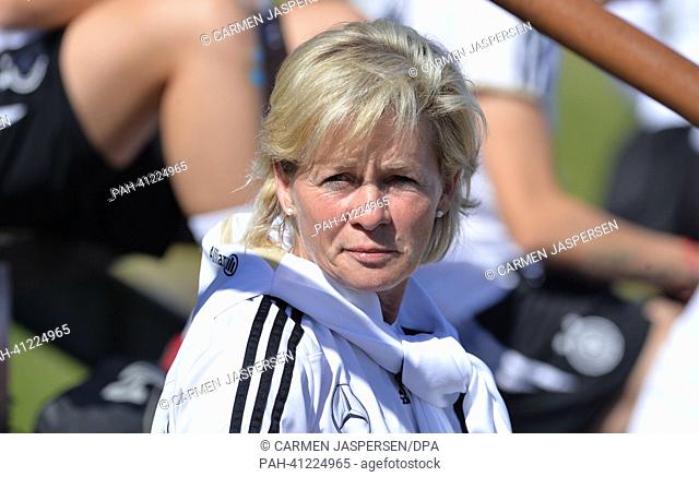Germany's head coach Silvia Neid takes part in a training session of the German women's national soccer team as part of the UEFA Women's Euro in Gothenburg