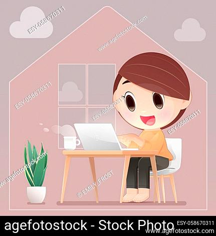 Cartoon woman working on a laptop at home. Lady prepares for the  coronavirus work from the home..., Stock Vector, Vector And Low Budget  Royalty Free Image. Pic. ESY-058670311 | agefotostock