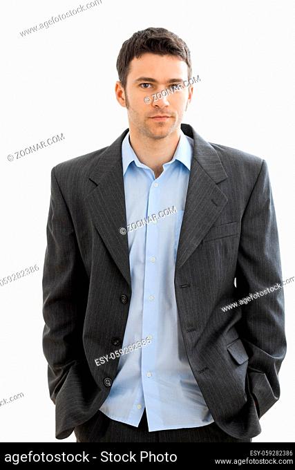 Portrait of tired businessman after work, in open collar shirt without tie