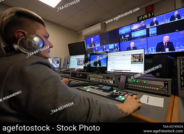 RUSSIA, ROSTOV-ON-DON - DECEMBER 14, 2023: An employee is at work at a control room of the GTRK Don-TR broadcasting company during a broadcast of an annual...