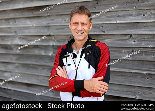 16 June 2021, Saxony, Leipzig: Klaus Pohlen, head coach of the German slalom canoeists, stands for the presentation of the Olympic team at Kanupark