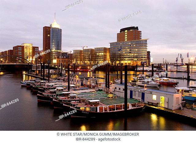 Launches in the harbour of Speicherstadt, modern architecture on the Kehrwiederspitze, Hamburg, Germany, Europe