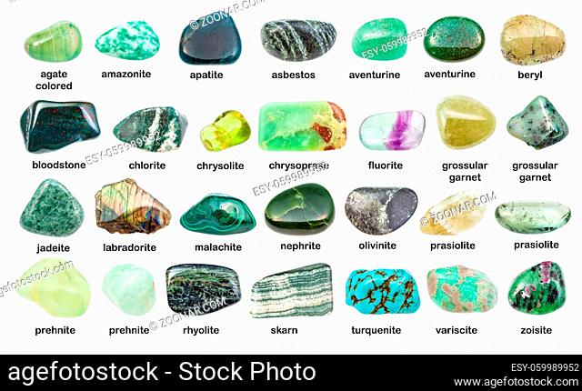 collection of various green gemstones with names (chlorite, malachite, prehnite, chrysoprase, skarn, aventurine, grossular, prasiolite, apatite, turquenite