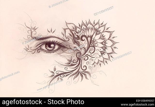Eye and ornamental Drawing. Original hand draw on paper