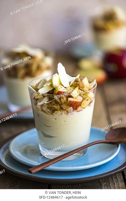 White chocolate mousse with apple and streusel