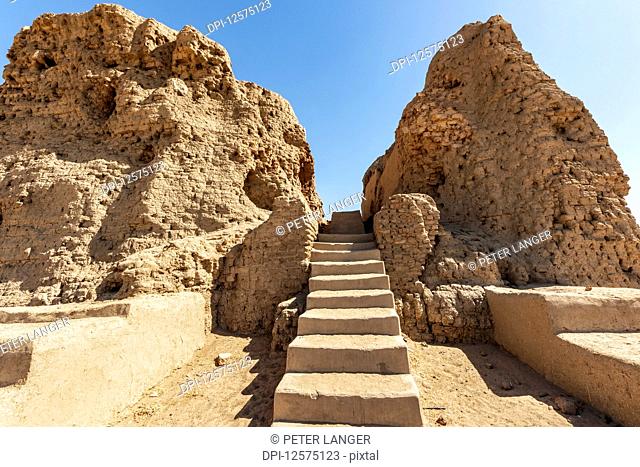 Stairs in the Western Deffufa, a mudbrick temple where ceremonies were performed on top, dating to 2400 BCE; Kerma, Northern State, Sudan