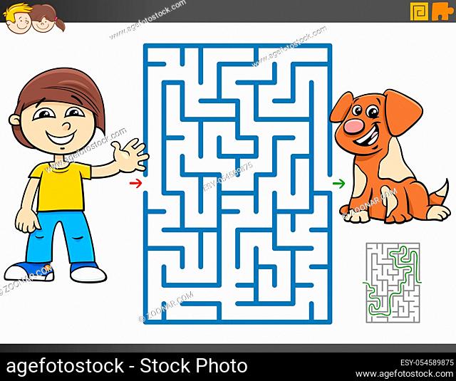 Cartoon Illustration of Educational Maze Puzzle Game for Children with Boy and Puppy Dog Character