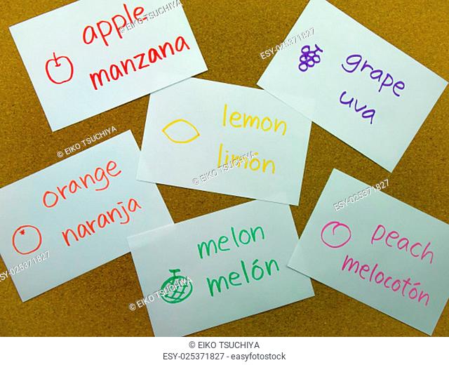 Learning name of the fruits in another language with flash cards