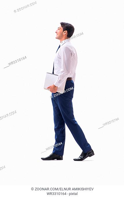 Businessman walking standing side view isolated on white background
