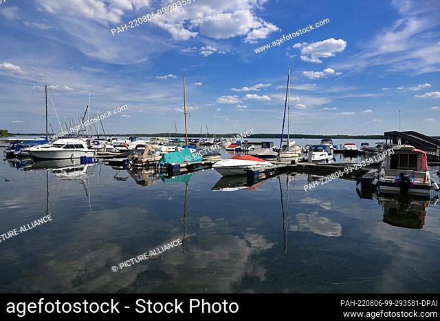 04 August 2022, Brandenburg, Senftenberg: Boats are moored in the marina at the town harbor of Lake Senftenberg, which was opened in 2013