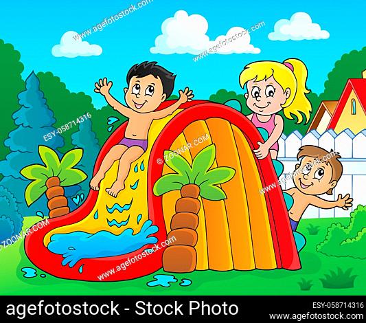 Kids on water slide theme image 2 - picture illustration