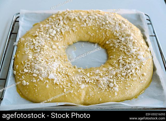 Close Up Of making of sweet bread ringed dessert On oven plate. Called roscon is typical in spanish cuisine. Horizontal composition