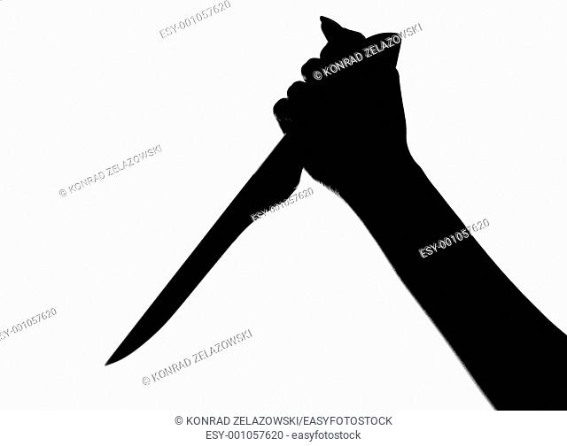 Woman's hand holding kitchen knife, isolated on white background