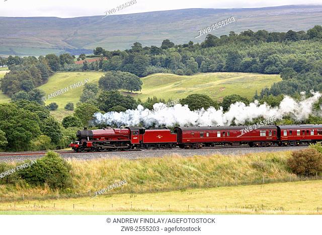 Steam locomotive LMS Jubilee Class 45699 Galatea on the Settle to Carlisle Railway Line near Lazonby, Eden Valley, Cumbria, England, UK
