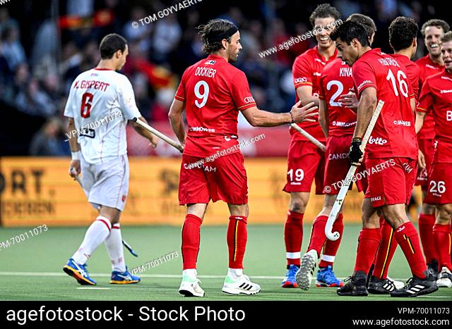 Belgium's Sebastien Dockier celebrates after scoring during a hockey game between Belgian national team Red Lions and Spain