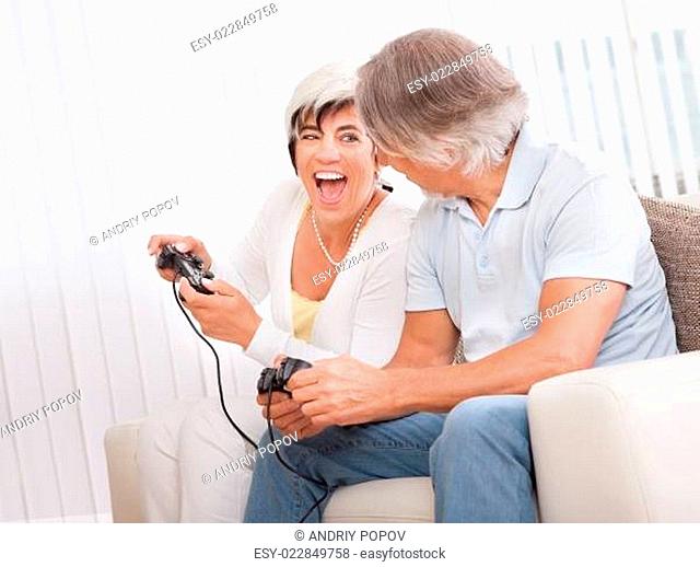 Middle-aged couple playing computer games