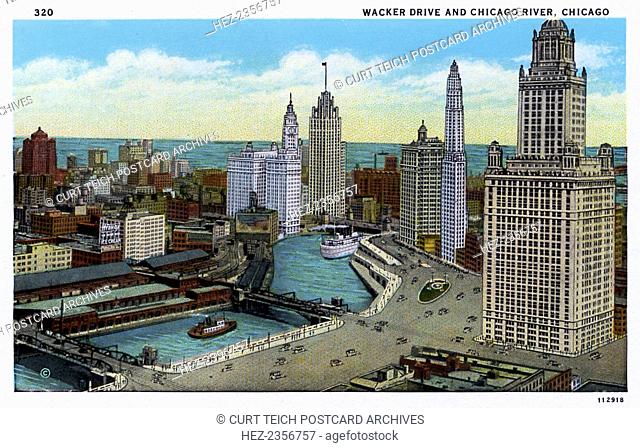 Wacker Drive and the Chicago River, Chicago, Illinois, USA, 1927. The Wrigley Building and Tribune Tower are amongst the buildings visible