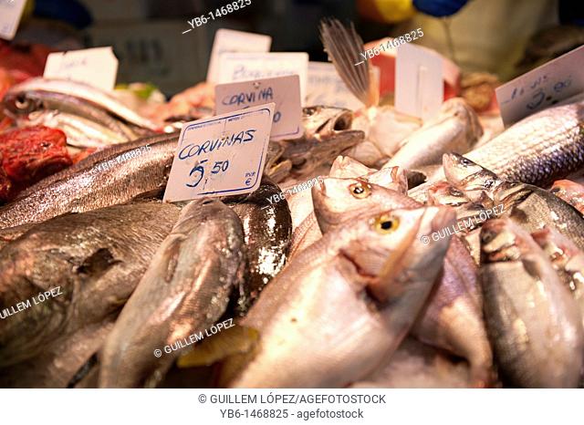 Seafood stall at La Boqueria market in las Ramblas of Barcelona, Spain
