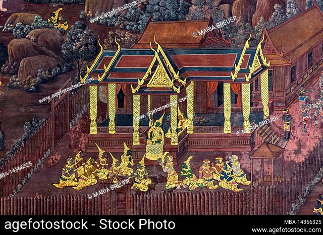 Wall painting, scenes from the heroic epic Ramakien, Royal Palace, Grand Palace, Wat Phra Kaeo, Temple of the Emerald Buddha, Bangkok, Thailand, Asia