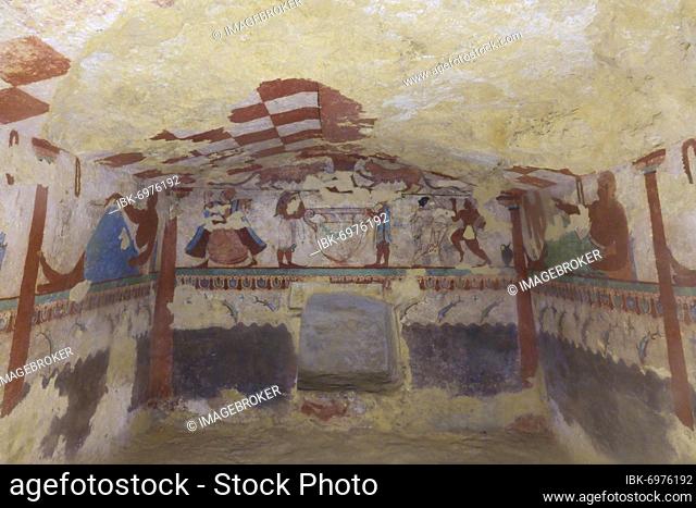 Tomba delle Leonesse Tomb of the Lionesses with frescoes from c. 530 BC, Etruscan Monterozzi Necropolis, Tarquinia, Viterbo Province, Lazio Region Latium, Italy
