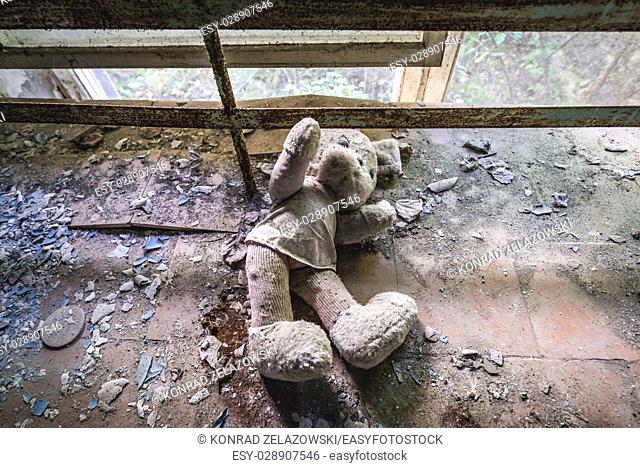 Plush toy in abandoned Jupiter Factory in Pripyat ghost town of Chernobyl Nuclear Power Plant Zone of Alienation in Ukraine
