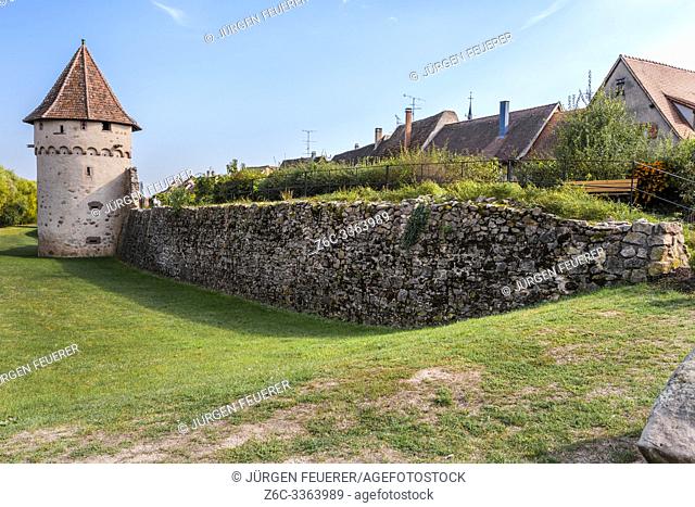 well preserved town wall with watch tower of the village Bergheim, Alsace, Wine Route, France