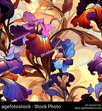 Exquisite floral pattern with iris flowers in rich colors (tiled)