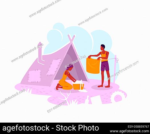 Refugee camp 2D vector web banner, poster. Illegal migrant temporary shelter flat characters on cartoon background. Poor family in tent printable patch